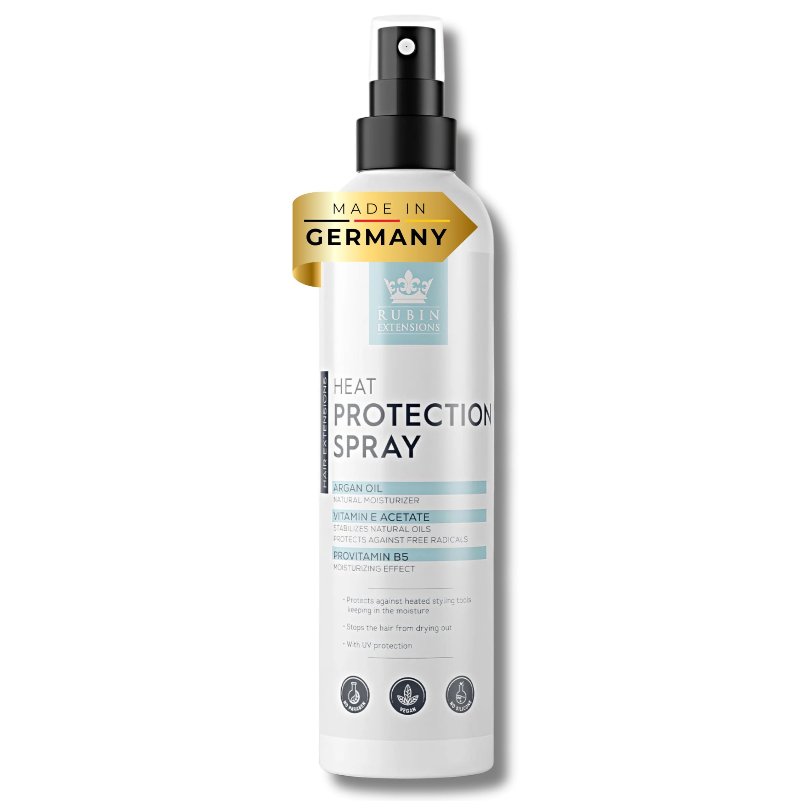 Rubin Extensions Spray chroniący przed wysoką temperaturą z olejkiem arganowym i ochroną UV 200 ml – ochrona przed wysoką temperaturą i pielęgnacja błyszczących włosów – wegański, bez silikonów i