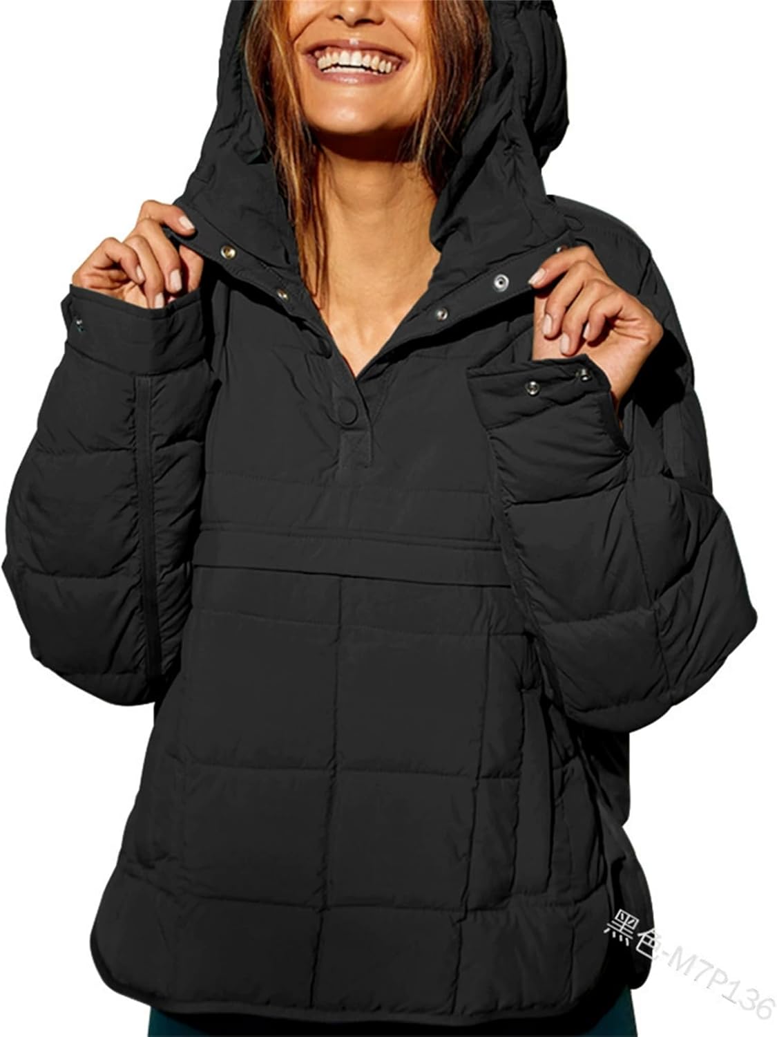 Womens Oversized Puffer Jacket Quilted Dolman Hoodies, Pullover Quilted Lightweight Jacke, Quarter Button Casual Padded Coats