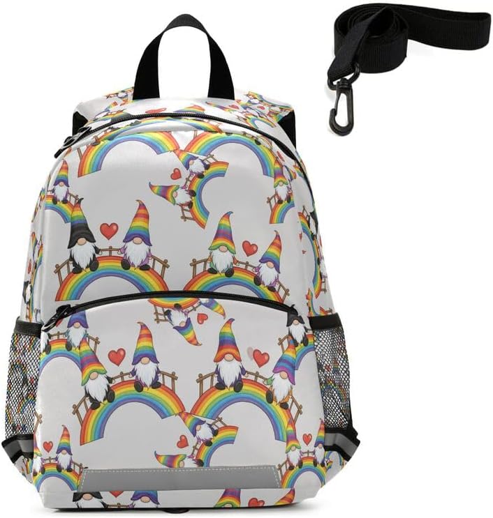 QUGRL Rainbow Gnomes Toddler Backpack for Boys Girls Lgbt Kids School Backpack with Chest Strap Leash Preschool Schoolbag Nursery Kindergarten Bag for Daycare Travel Hiking School