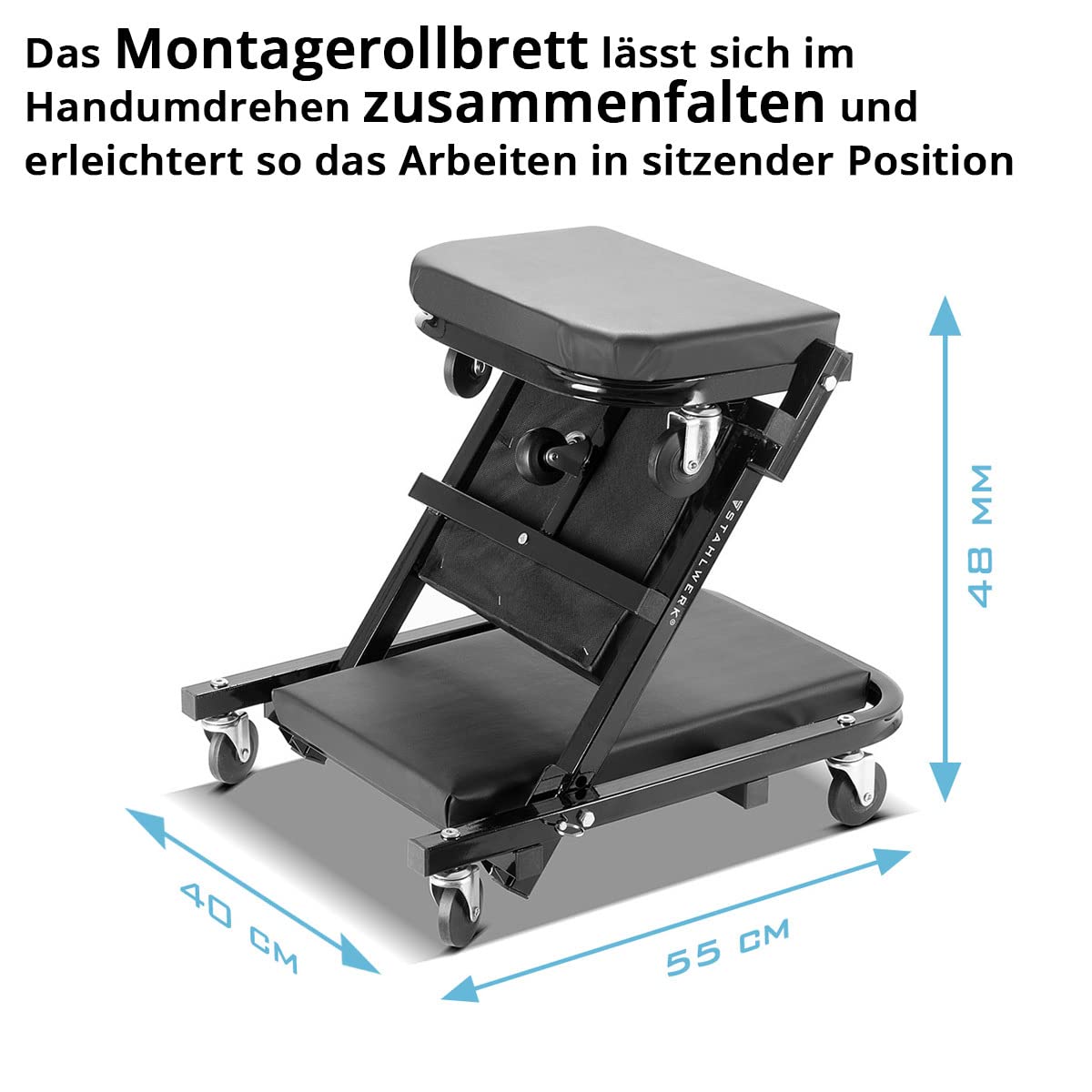 STAHLWERK 2-in-1 Montagerollbrett & Werkstatthocker FRC-40 ST – faltbare Werkstattliege & Montagehocker mit Sitz- & Liegefunktion, bis 150 kg Tragfähigkeit, 7 leichtlaufende 360°-Rollen, PU-Kunstleder