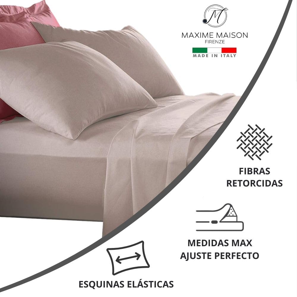 MAXIME MAISON - Sabanas 180x200 Algodon (Tortora) Juego de Sabanas, Bed Sheets, Juego Sabanas 4 Piezas (Sábana Bajera, Sábana Plana y 2 Fundas de Almohada) Sabanas Refrescantes Made in Italy