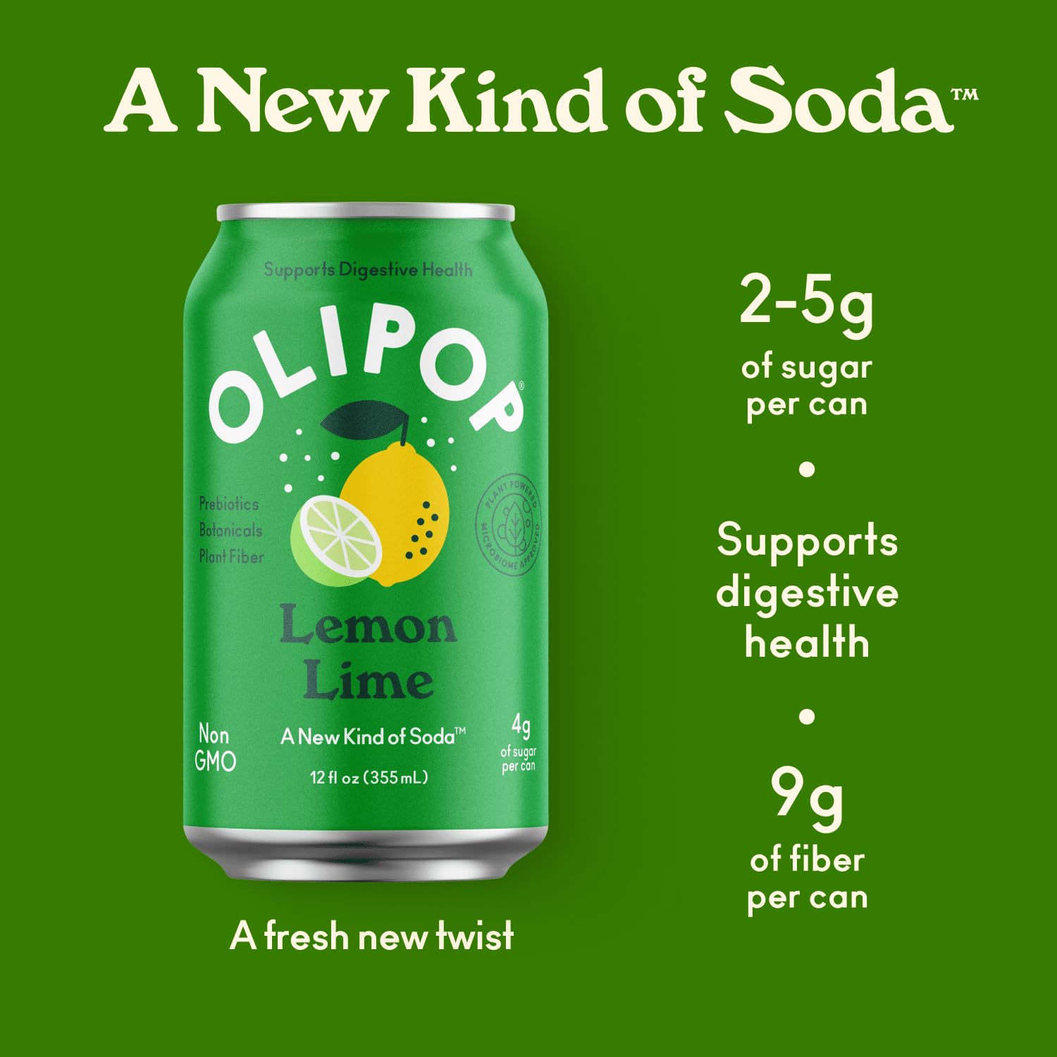 OLIPOP Prebiotic Soda Pop, Lemon Lime, Prebiotics, Botanicals, Plant Fiber, 12 fl oz