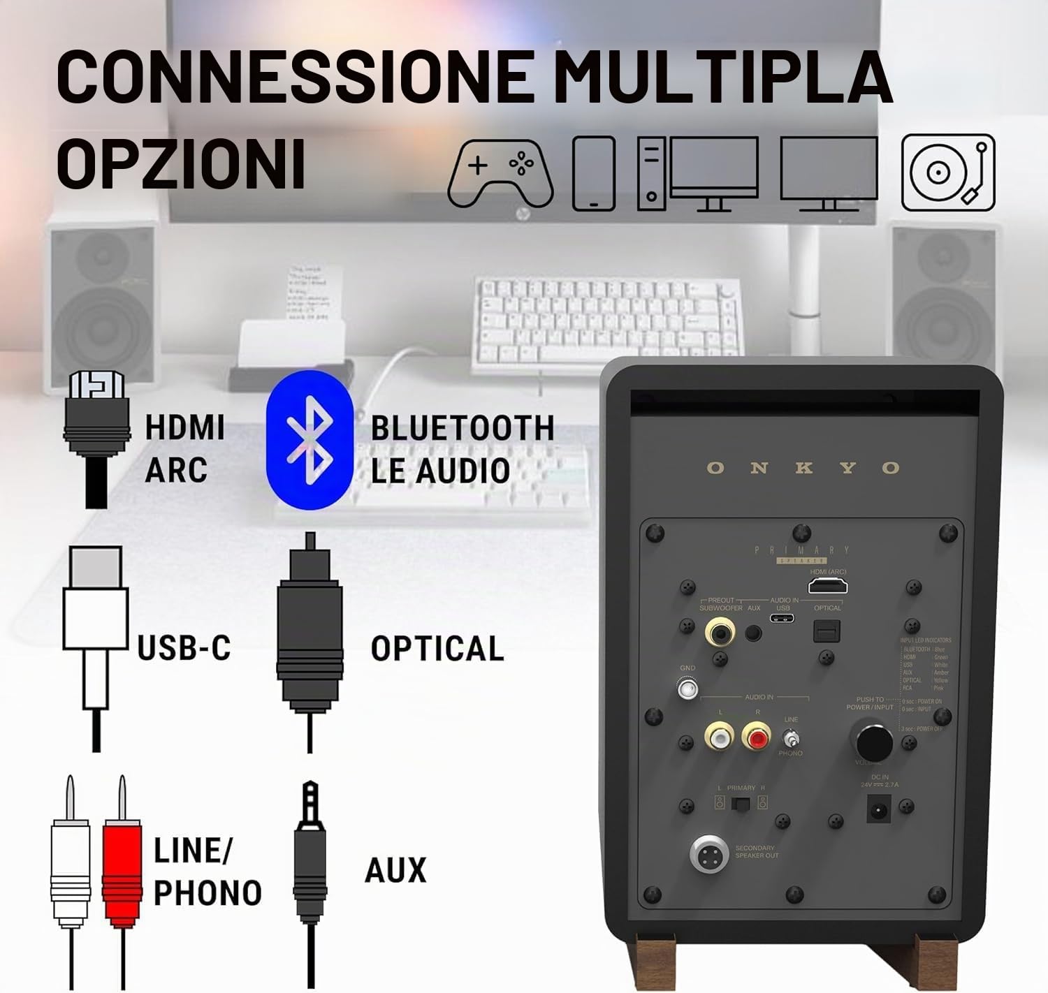 Onkyo GX-10DB diffusori attivi USB-C, nero | Diffusori attivi con woofer da 3", USB-C, Line/Phono, ingresso ottico, sub-out e Bluetooth 5.3 LE Audio.