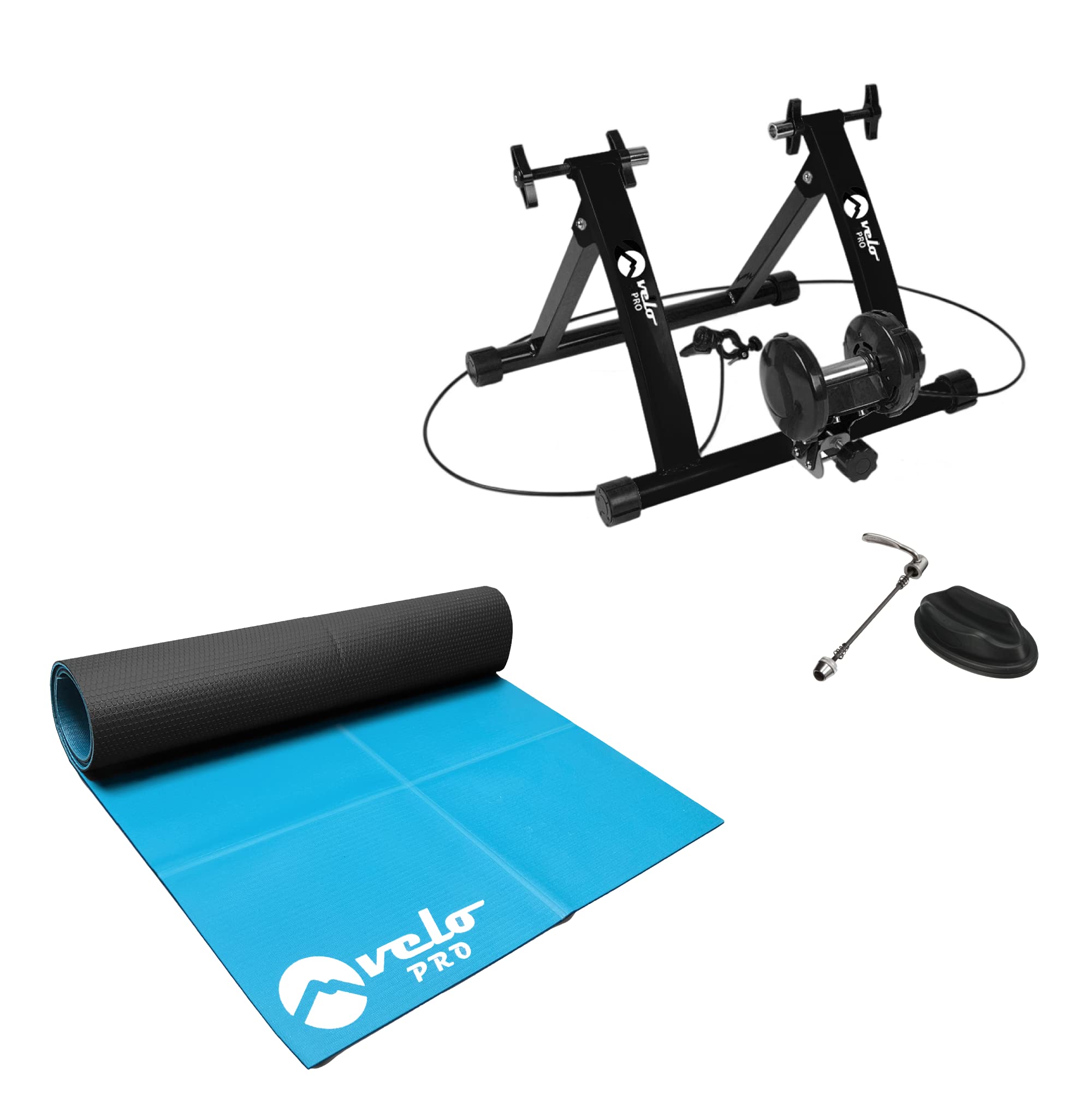 Velo Pro Turbo Trainer and Exercise Mat Bundle- Variable Resistance Magnetic Indoor Bike Trainer for Road & Mountain Bicycles - Stationary Exercise Bike Stand - Real Road Feel - 26"-28" Wheels - Black