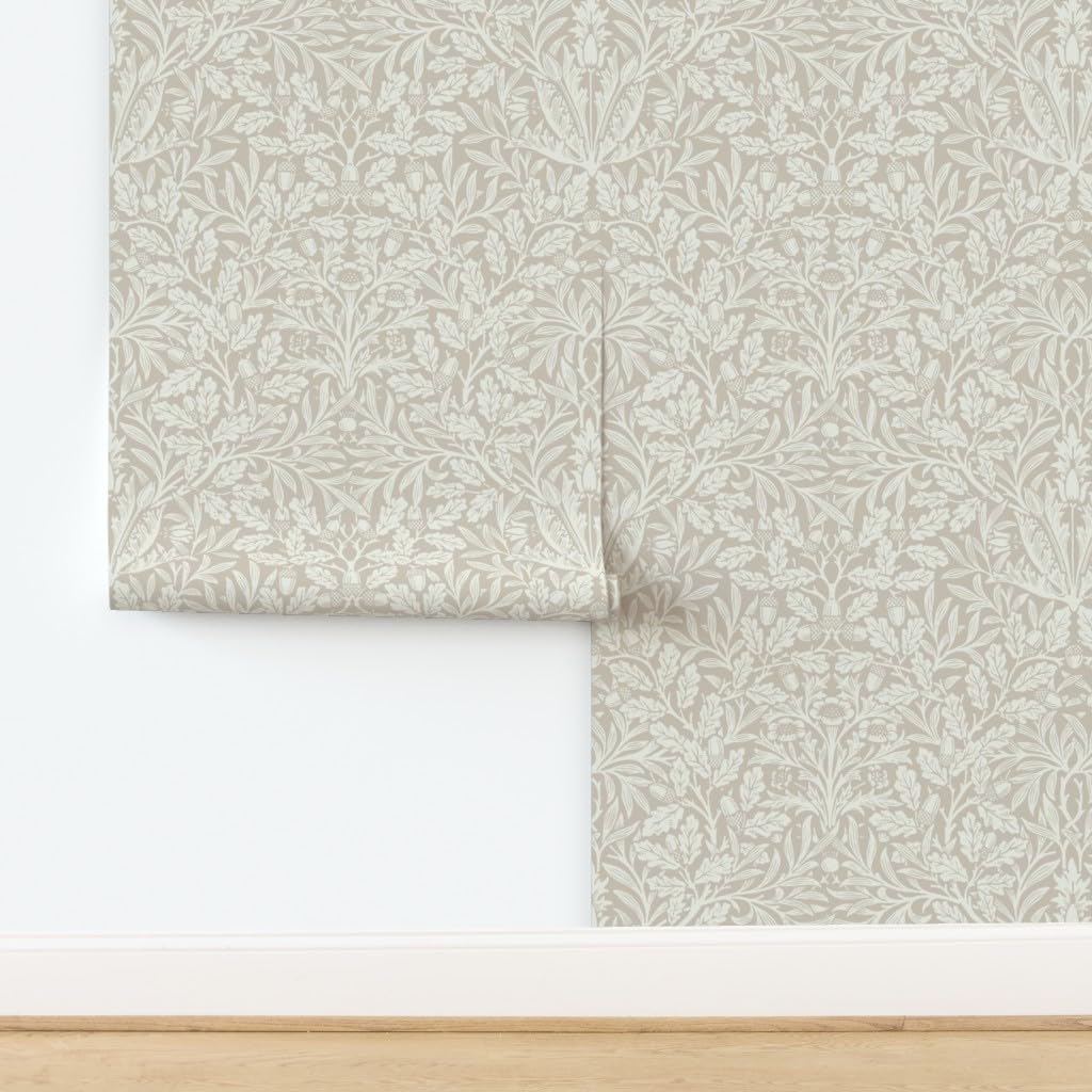 Peel & Stick Wallpaper 9ft x 2ft - Vintage Neutral,Damask,Ivory Art Nouveau,Acorn Willow,William Morris,Oak Tree,Arts and Crafts Custom Removable Wallpaper by Spoonflower