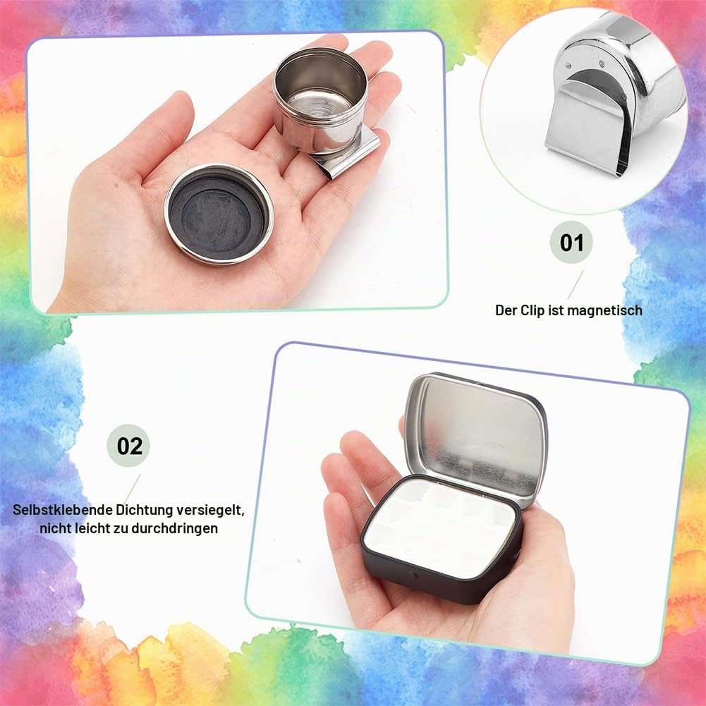 PH PandaHall tragbare Mini Blechdose mit 12 Well Aquarellpalette, Farbmischtablett, Farbaufbewahrungsbox, Reisekünstler, Outdoor Skizzenpaletten Kits mit Öltopf und Malpapier