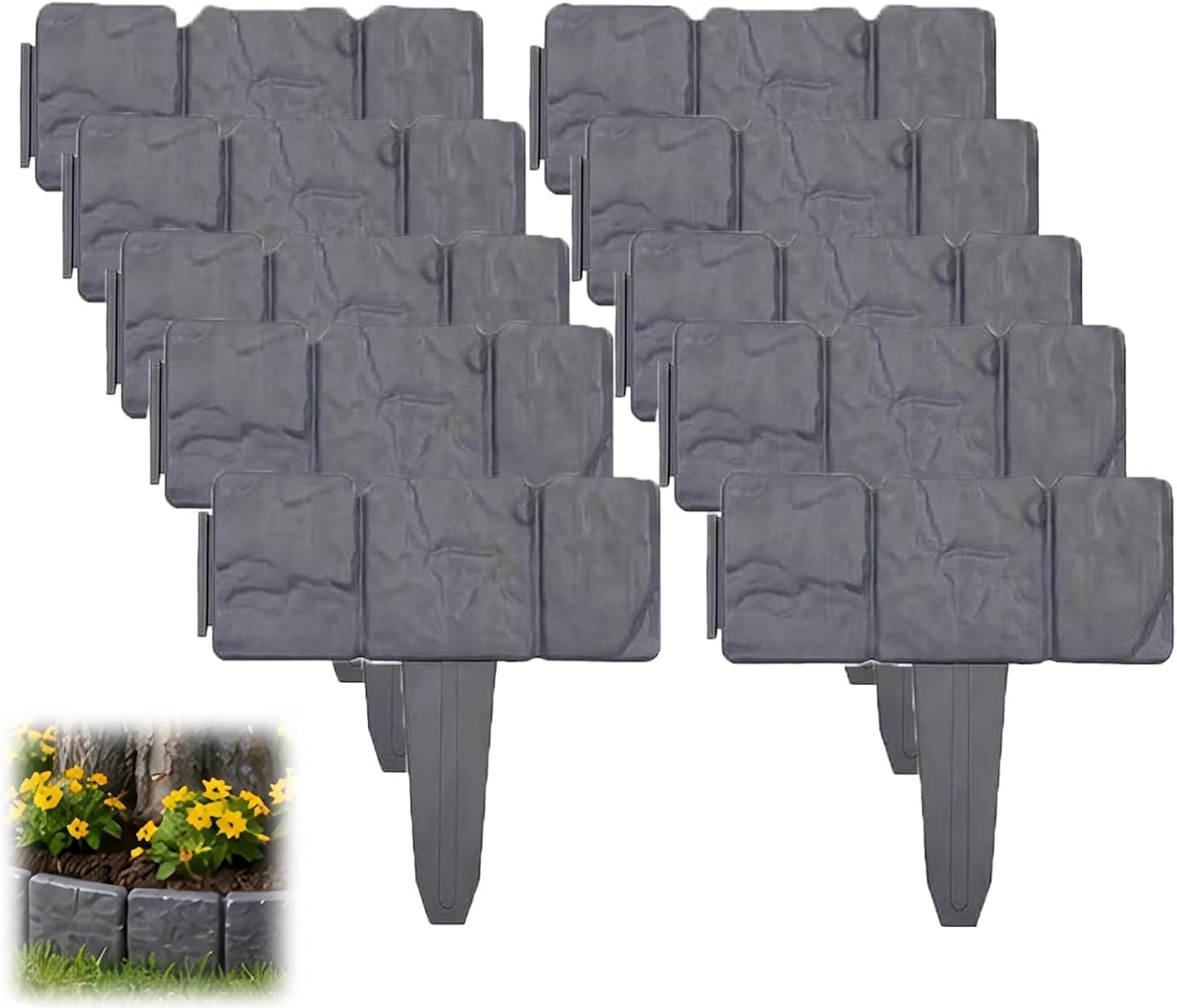 Recinzione da giardino in finta pietra, senza scavare paesaggio, bordo in finta pietra, bordo in plastica, per paesaggistica, aiuole, cortili, decorativi (20, grigio)