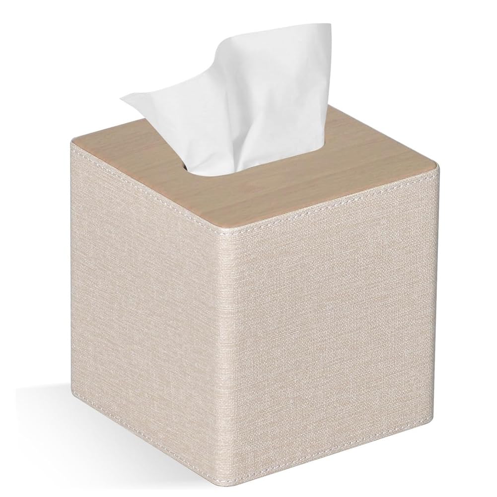 beiyaiey Tissue Box Cover Square PU Leather Tissue Box Holder for Dresser Bathroom Decor Beige