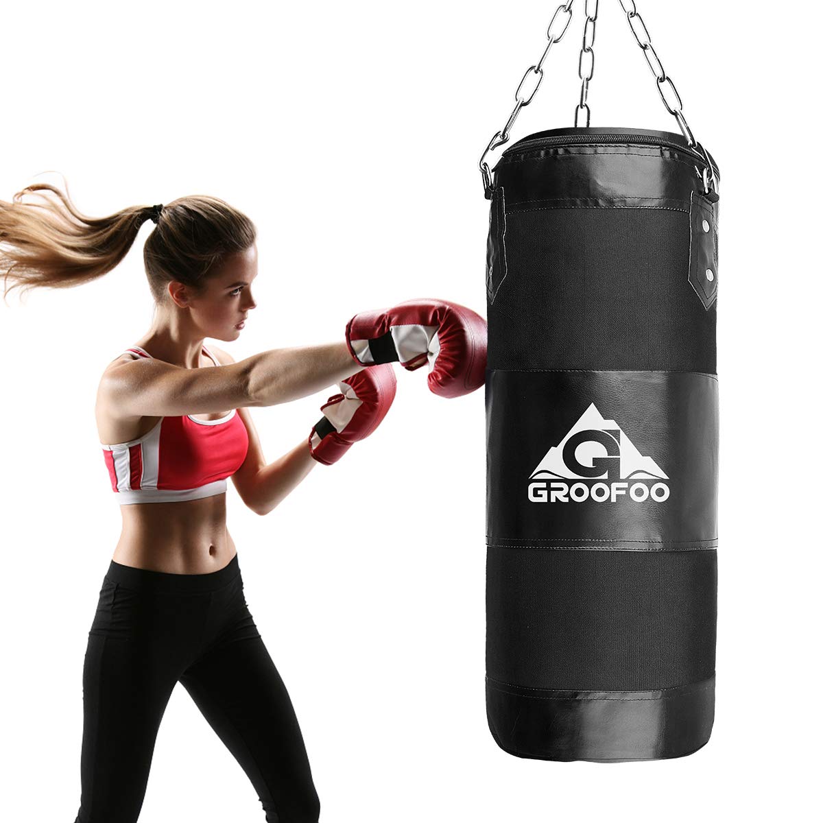 GROOFOO Boxsack Kinder Hochleistungs Oxford Boxsack für Kinder, Jugendliche und Erwachsene, UNGEFÜLLTE Tasche mit Mount Chain Heavy Duty Pouching Bag für Boxtraining MMA Muay Thai