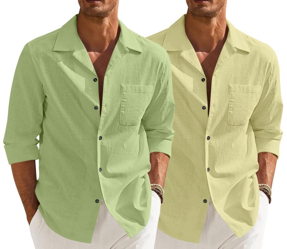 Image of Combo of Men's Casual Cotton Blend Shirt || Long Sleeve Button Down with Spread Collar | Lightweight Breathable Fabric | Stylish Solid Shirt for Beach, Office & Everyday Wear Pack of 2