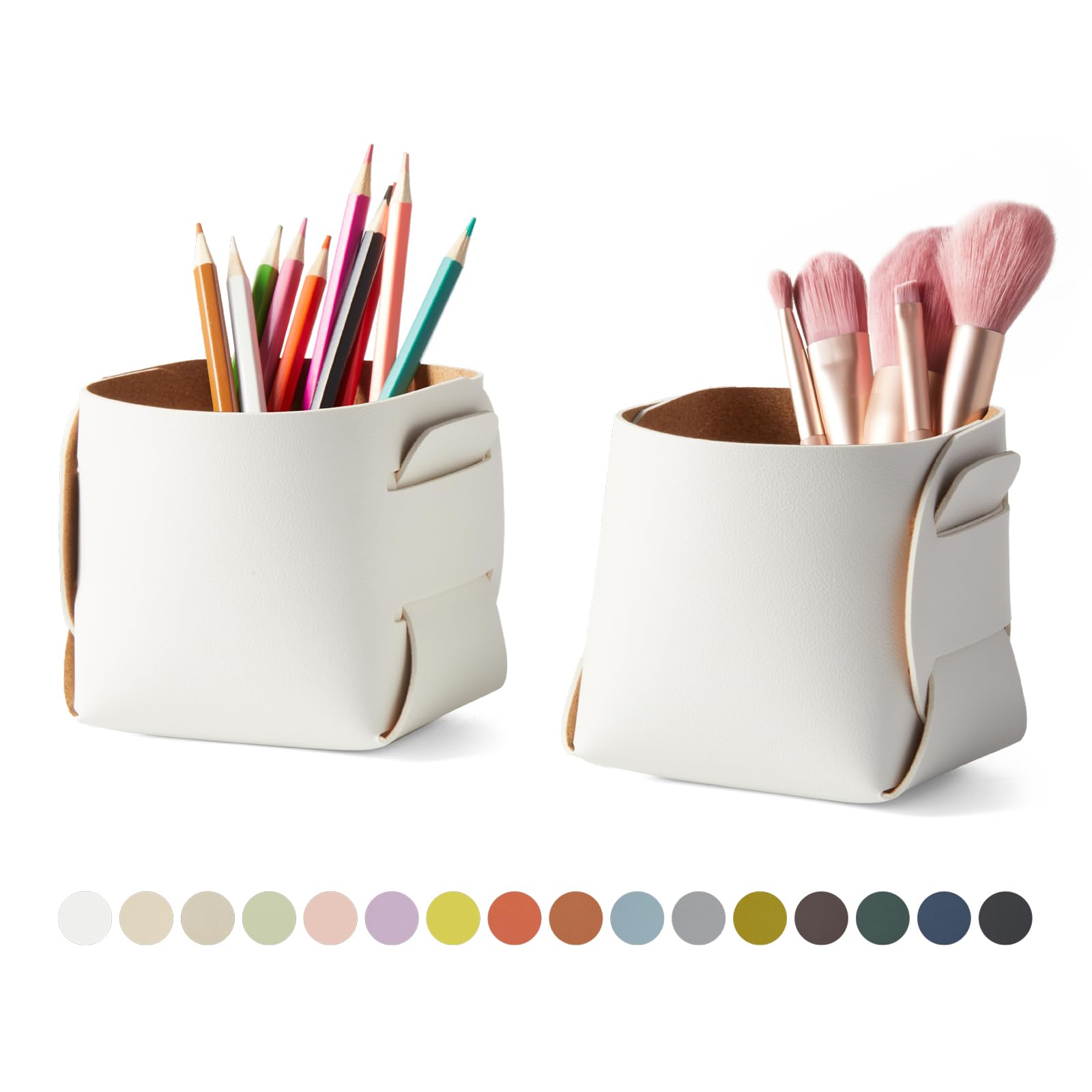 HOMIEAZICOZI 2-Pack Cork Leather Desk Accessories Storage - Pencil Pen Holder - Makeup Brush Holder Organizer - Stylish Addition to Home Decor (White)