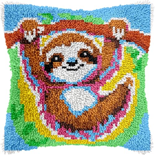 Image of veirousa Cute Sloth Latch Hook Kits for Adults Kids Beginners Animals Flowers Latch Hook Pillow Kit Pre-Printed Latch Hook Rug Kits Cross-Stitch Embroidery Cushion for Home Sofa Decoration 17x17 in.