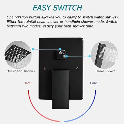 Miniatura 5 de Sistema de ducha negro mate de 10 pulgadas, cabezal de ducha de lluvia de lujo con conjunto combinado de mano, montado en la pared, sistema de