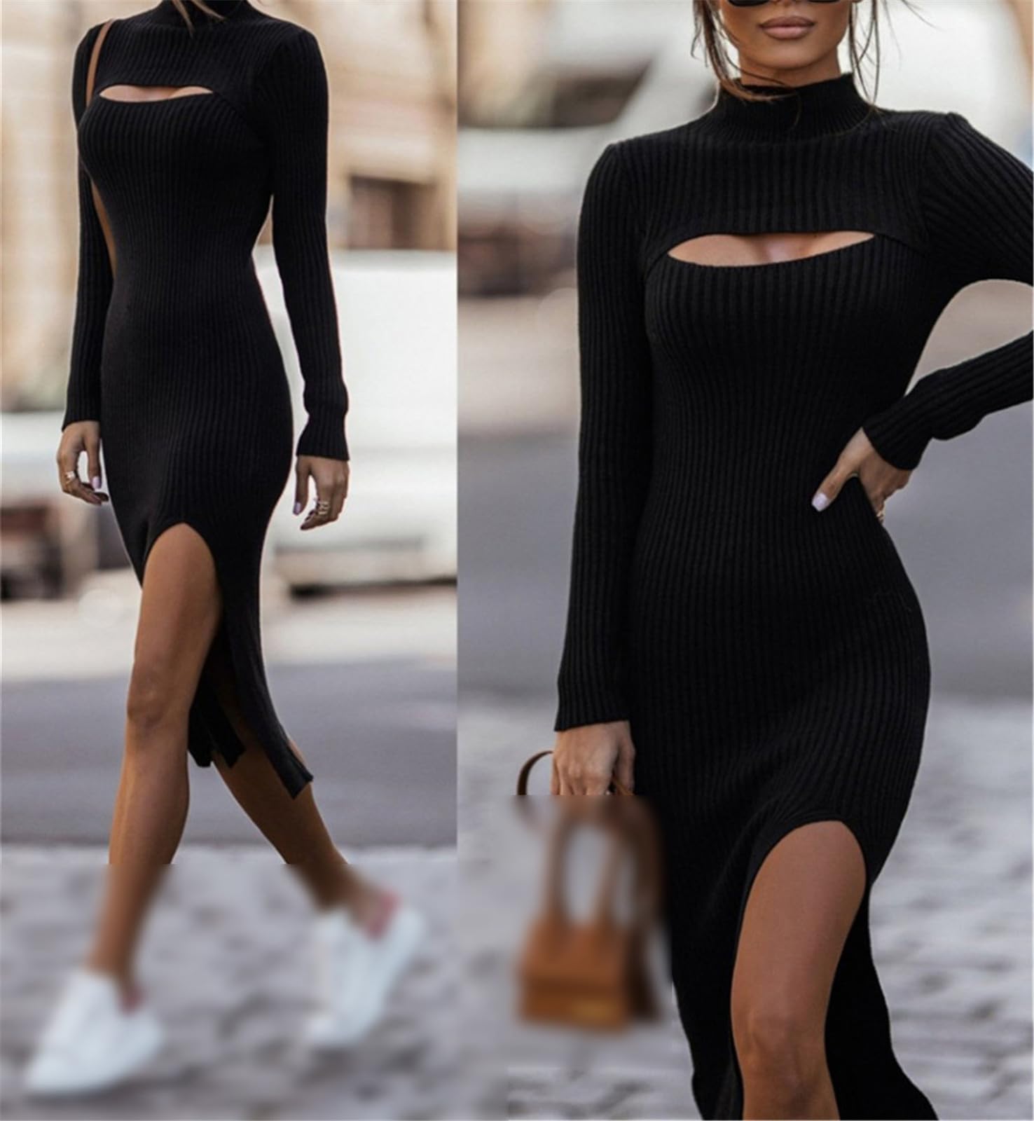 Abito Longuette Lungo Lavorato A Maglia Bianco da Donna Abito Maglione Sexy A Maniche Lunghe Slim Autunno E Inverno in Tinta Unita da Ufficio