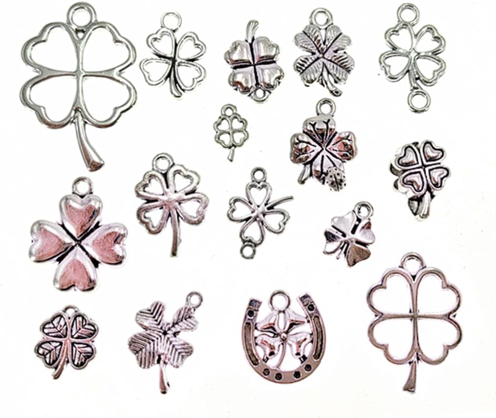 Four Leaf Clover Charm Pendant Saint Patrick Luck Bracelet Bead Charm for DIY Jewelry Making Findings(Silver,32pcs)