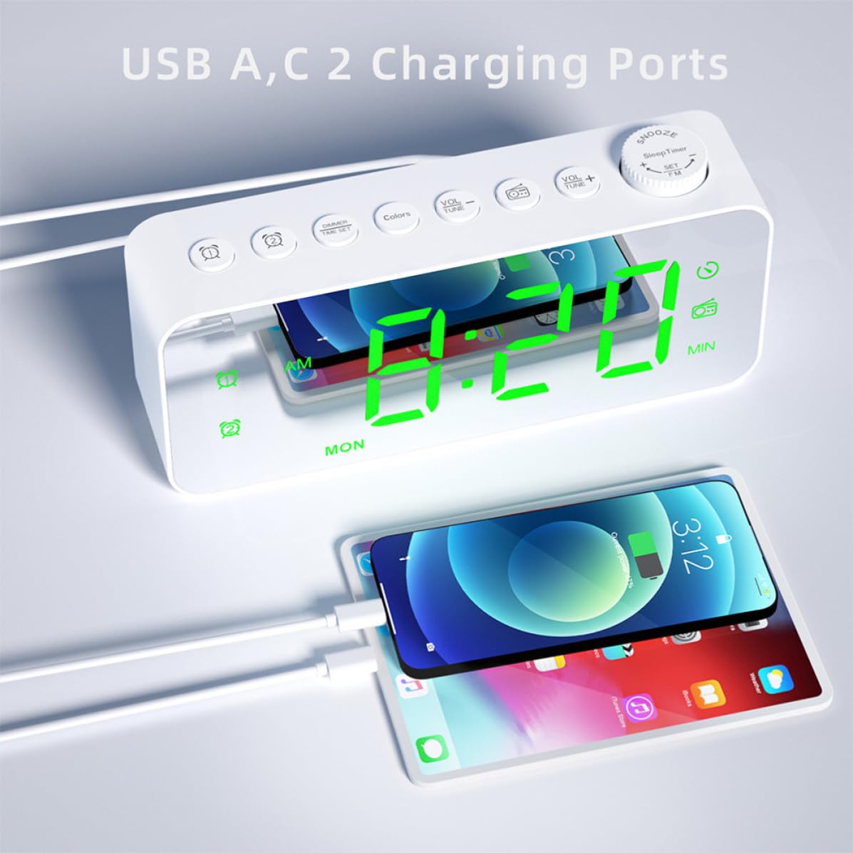 Mipcase Despertador Cargador USB Reloj Radio Despertador Digital Pantalla LED Grande Blanco Salida USB para Dormitorio y Escritorio