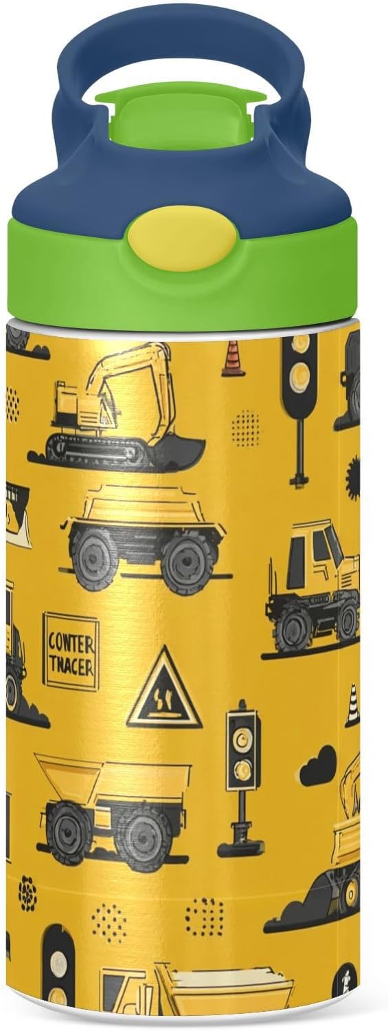 Boccsty Tractor Yellow Truck Kids Water Bottle with Straw Lid Construction Machines Insulated Stainless Steel Reusable Tumbler for Boys Girls Toddlers 12 oz Green