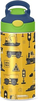 Boccsty Tractor Yellow Truck Kids Water Bottle with Straw Lid Construction Machines Insulated Stainless Steel Reusable Tumbler for Boys Girls Toddlers 12 oz Green