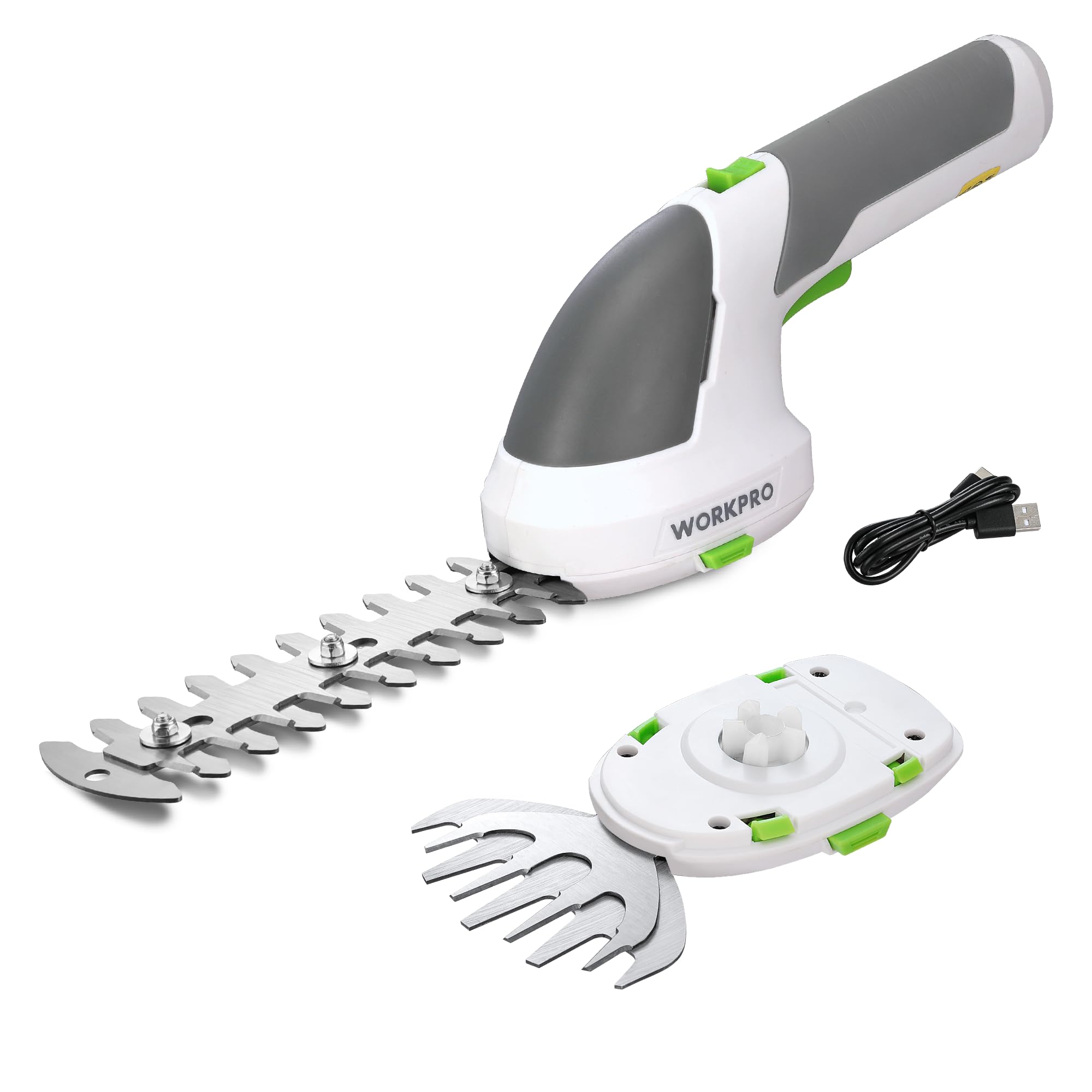 WORKPRO Gartenschere Akku 7,2V Weiß, handliche Grasschere und Strauchschere elektrisch mit 2 Messern 2.000mAh Akku und Typ C Kabel, 2 in 1 Rasenkantenschneider Schnittbreite 10cm, Schnittlänge 15cm