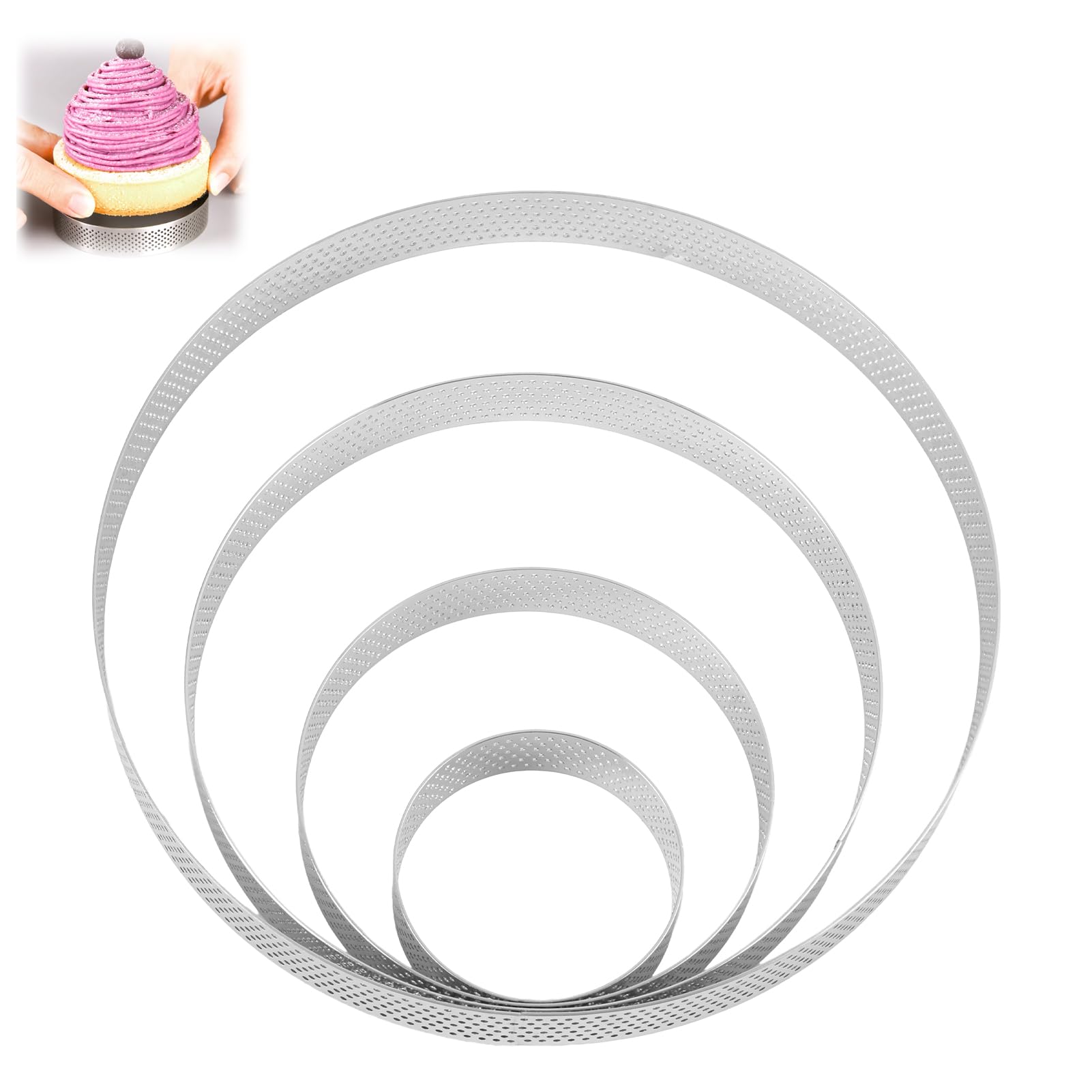 4 Pcs Perforated Tart Ring, Stainless Steel Tart Rings, Non Stick Round Biscuit Ring for Tarts Crumpets Desserts Cakes Pies and Pastries Bakeware Moulds with Vent Holes for Home Kitchen(6/10/15/20CM)