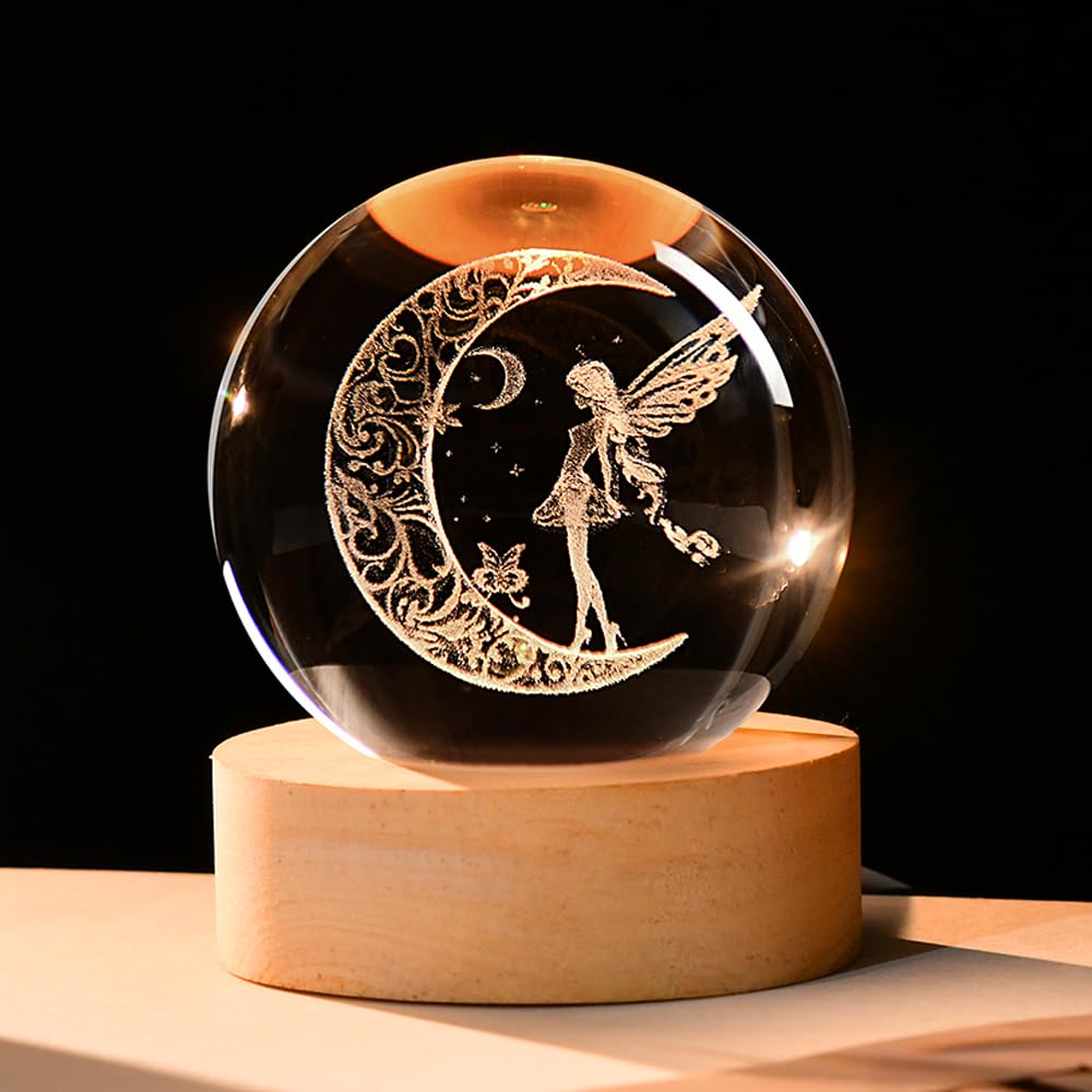 ZRENJHUS Moon Fairy Crystal Ball 60mm Glass Decorative Ball Globe Decor 3D Fairy Night Light Gifts for Girls Women Fairy Lovers with Light Base
