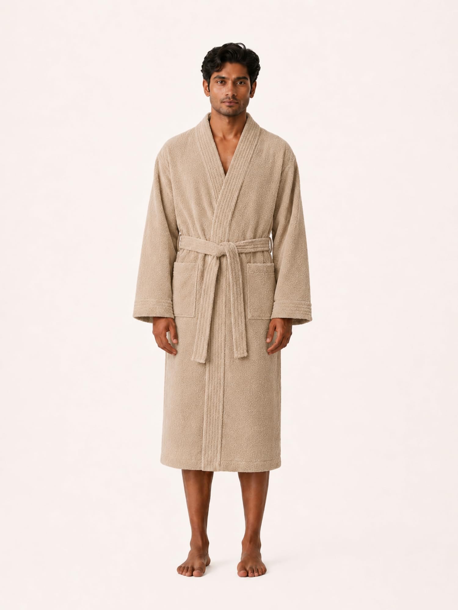 RANGOLI Premium Knee-Length 100% Cotton Men Bathrobe in Full Sleeves & 2 Pockets with 400 GSM Fabric for Ultra Soft & 2X Absorbency (Beige-M) | Noble Collection