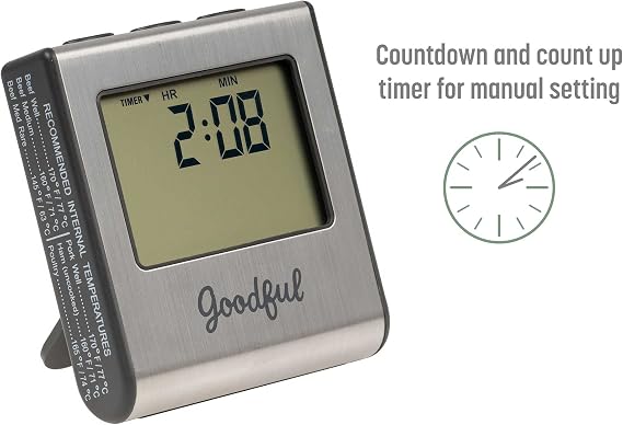 Goodful Wired Probe Meat Thermometer with Timer, Programmed with Preset USDA Approved Temperatures for Different Types of Meat, Withstand Temperatures to 716 Degrees F