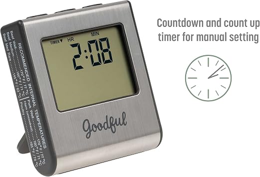 Goodful Wired Probe Meat Thermometer with Timer, Programmed with Preset USDA Approved Temperatures for Different Types of Meat, Withstand Temperatures to 716 Degrees F