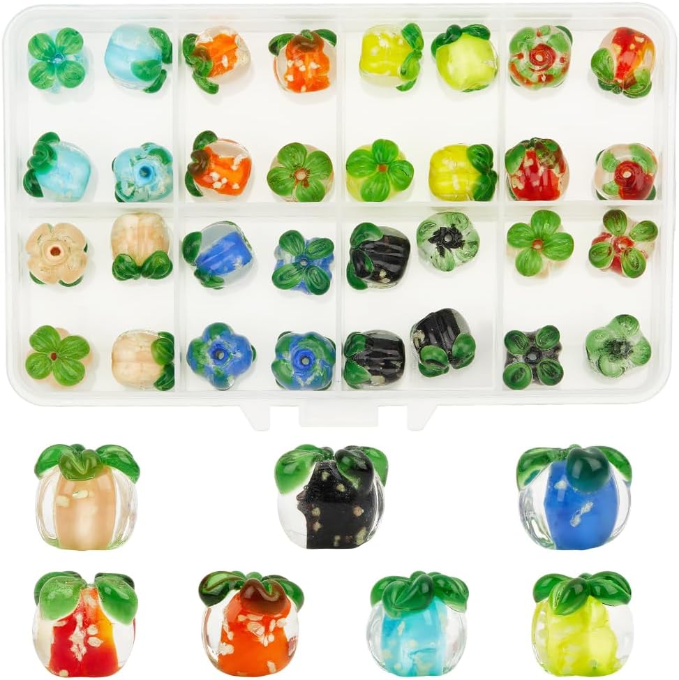 1 Box 32PCS Luminous Glass Fruit Shape Beads with Holes Xmas Mixed Color Assorted Lampwork Persimmon Spacer Loose Bead Charm Bulk for Jewelry Making Necklace Bracelet DIY Craft Supplies