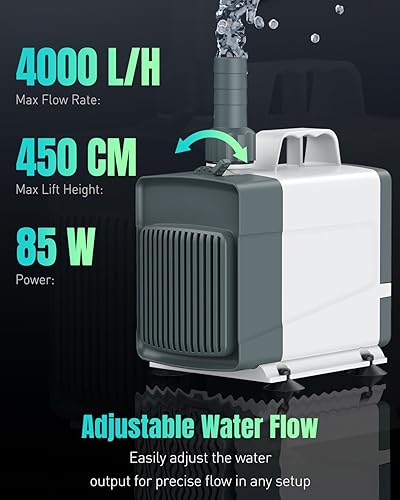 Miniatura 2 de Pawfly Bomba de fuente de 1060 GPH, bomba de agua sumergible de 85 W con elevación alta de 14.8 pies y 3 boquillas, bomba de fuente de agua