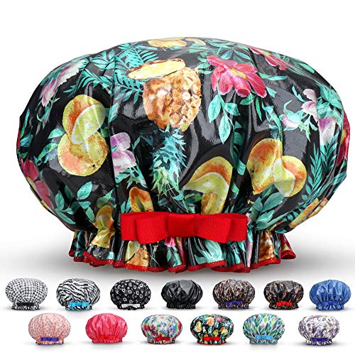 Waterproof Reusable Women Shower Caps 100% Cotton Print Bath Caps Hat Long Hair Perfect for Women (Tropical Rainforest)