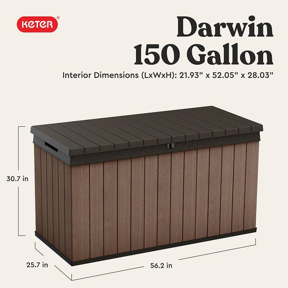 Keter Darwin 150 Gallon Resin Large Deck Box - Organization and Storage for Patio Furniture, Outdoor Cushions, Garden Tools and Pool Gear