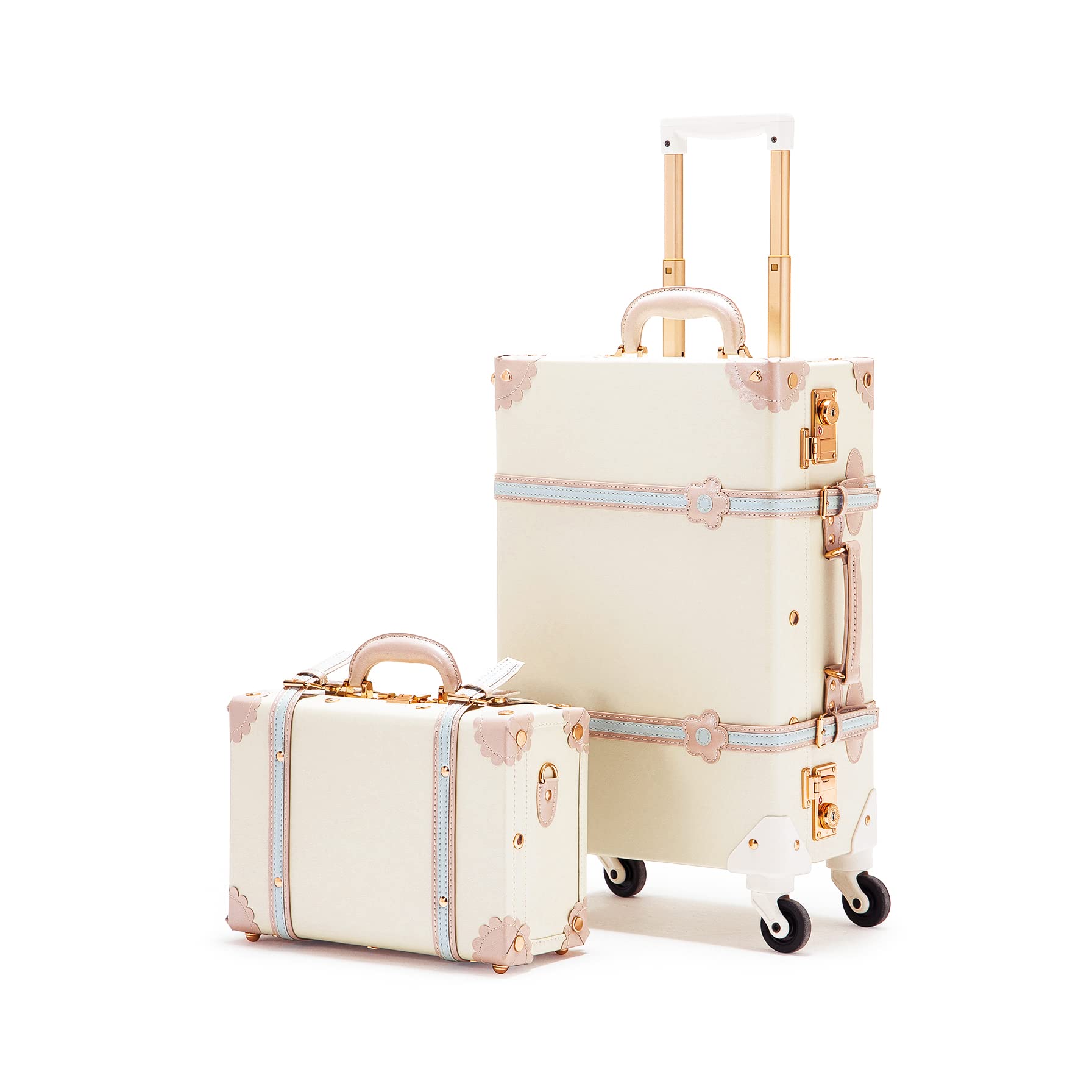 COTRUNKAGE Vintage Suitcases Set on Wheels, 20 Inch White Carry-on Luggage 2 Piece Set with 13" Hard Shell Train Case Womens, Cream White