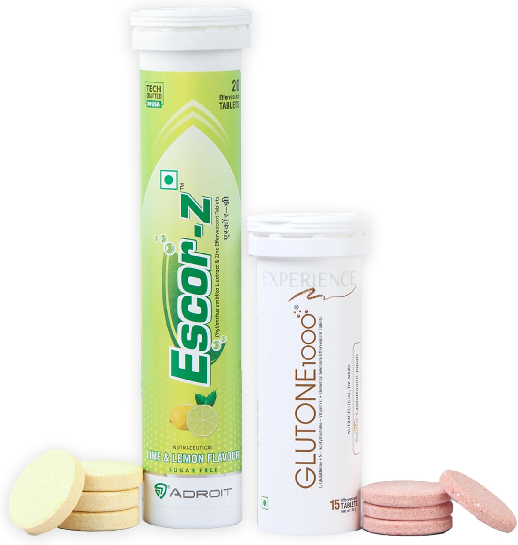 1000 & Escor-Z Combo Pack| Setria L-Glutathione, Vitamin C and Zinc Effervescent Tablets| Healthy Skin| Pack of 15 + 20 Tablets (Lime & Lemon Flavour)