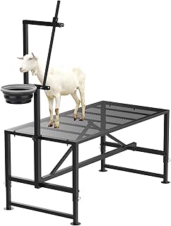 Larrik Goat Milking Stand with Feed Bin, Stand for Goat Milk and Shepp Trimming Hooves, with Adjustable Head Piece and Legs, Metal Black Use for Small Goat and Sheep, 400 Lbs