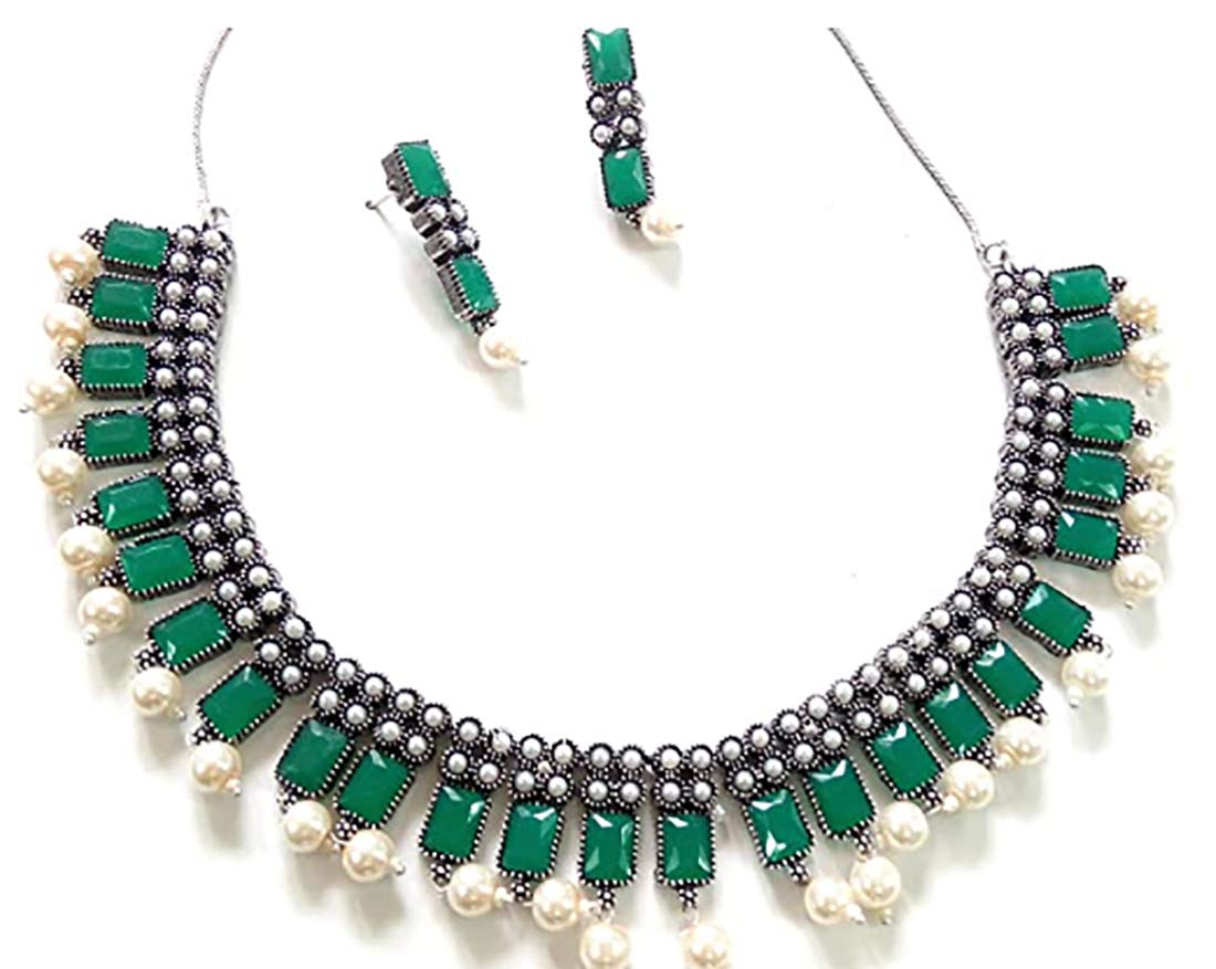 Makezak Oxidized German Silver & Brass In Silver Plating and Rhinestone Necklace Set for Women/Girls (green) (B08XQSYKG4) Amazon Price History, Amazon Price Tracker