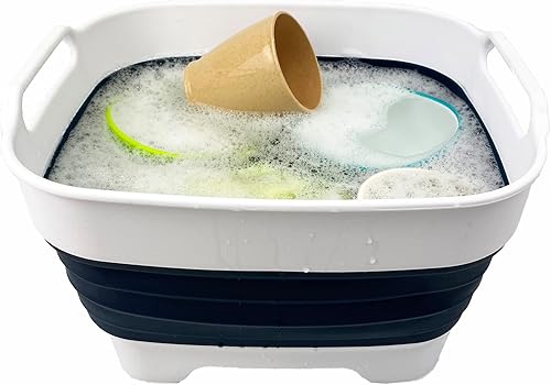 Miniatura 7 de SAMMART Sartén plegable de 7.5 L (2 galones) con tapón de drenaje, lavabo de lavado plegable, tina portátil para lavar platos, tina de blanco/índigo