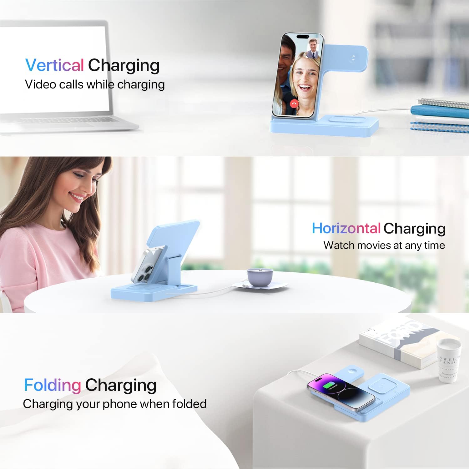 Wireless Charger, Charging Station 3 in 1, Fast Wireless Charger Stand Dock for iPhone 14/13/12/11/Pro/Max/Plus/XS/XR/X/8, Apple Watch 8/7/6/5/4/3/2/SE & AirPods(Blue)