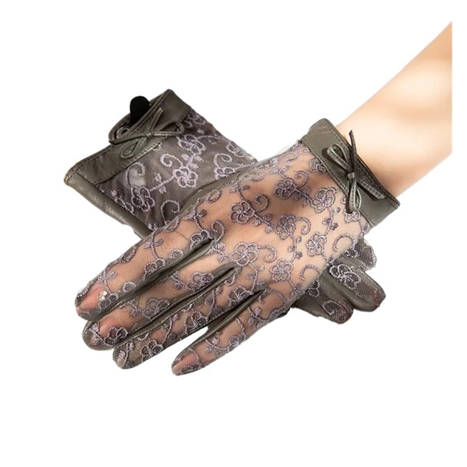 Women Breathable Patchwork Flower Lace Genuine Leather Gloves