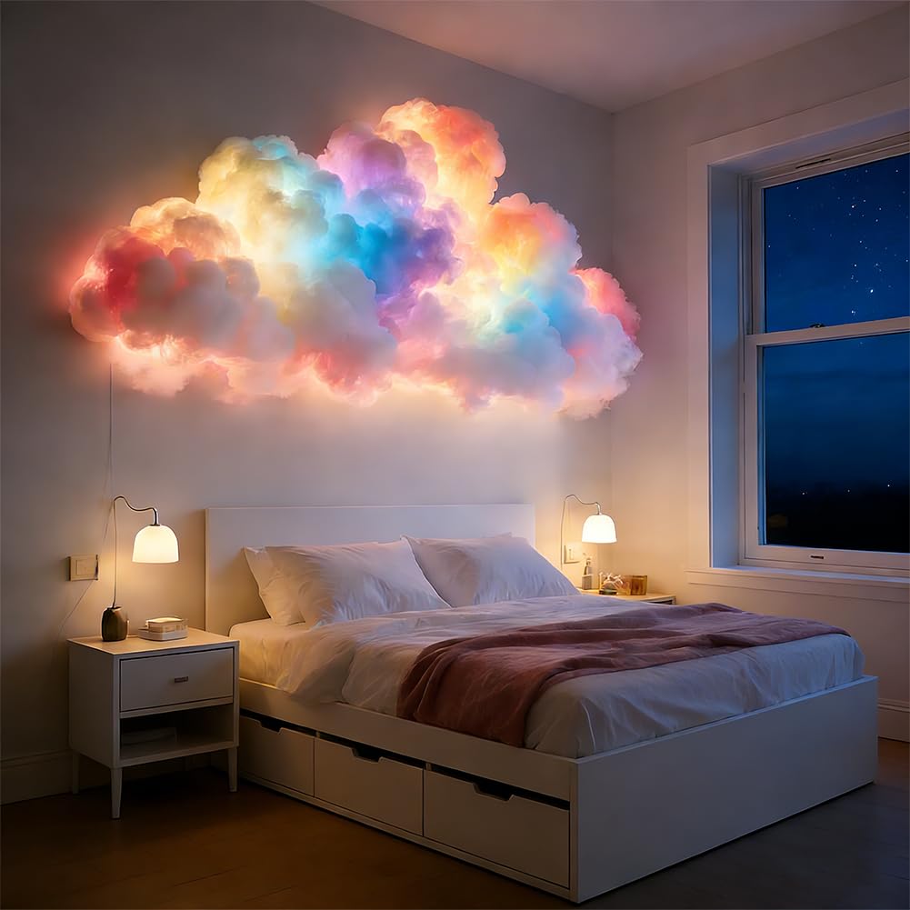 RANJIMA Luce a LED fai da te a forma di nuvole temporali, multicolore, luce dinamica 3D, set di decorazioni per parete e soffitto, 200 cm, alimentata tramite USB, luce notturna a forma di nuvola
