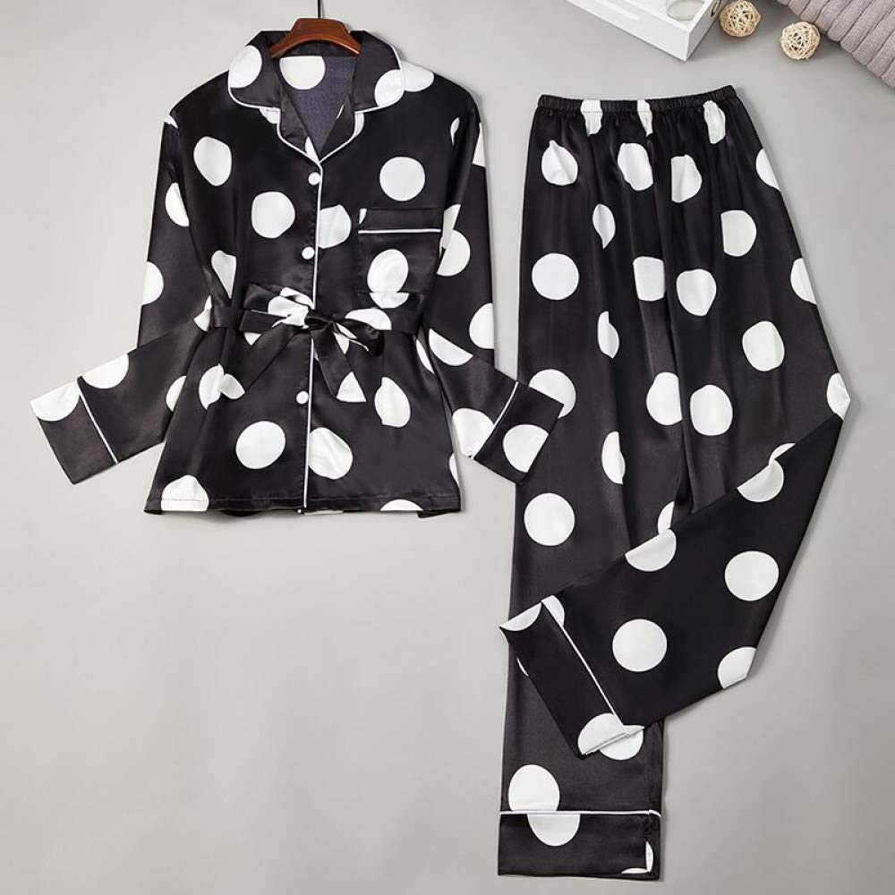 YUHOOE Pijamas De Mujer,Conjunto De 2 Piezas De Pijama De Satén De Seda,Rayas Clásicas Sedosas,Lunares,Mangas Largas,con Botones,Ropa De Dormir,Bata De Kimono,Ropa De Estar con Cinturón,Negro,M