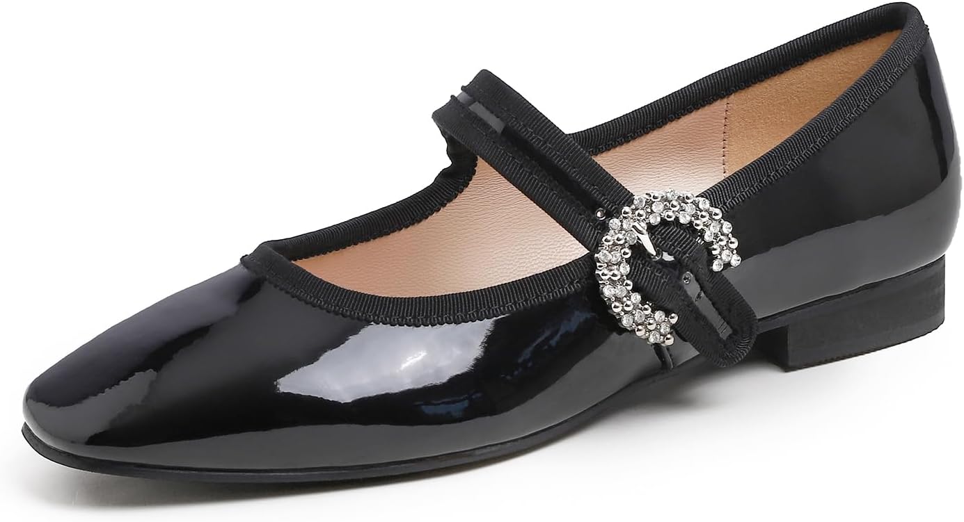 Sq Maryjane Black Patent Vegan Leather Rhinestone Buckle Low Heel