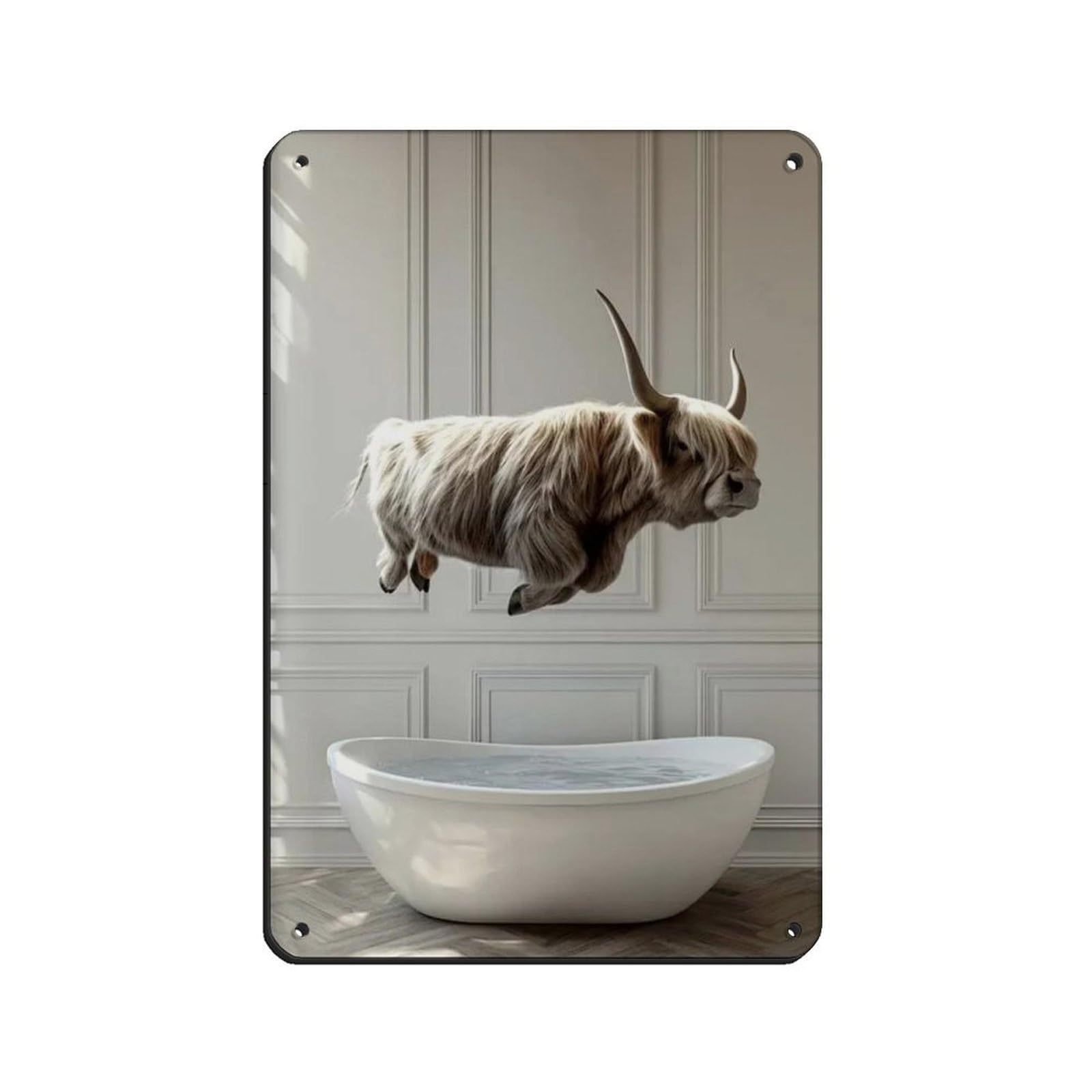 Highland Cow Jumping Into Bathtub Retro Poster Metal Tin Sign Chic Art Retro Iron Painting Bar People Cave Cafe Family Garage Poster Wall Decoration 8x12inch(20x30cm)