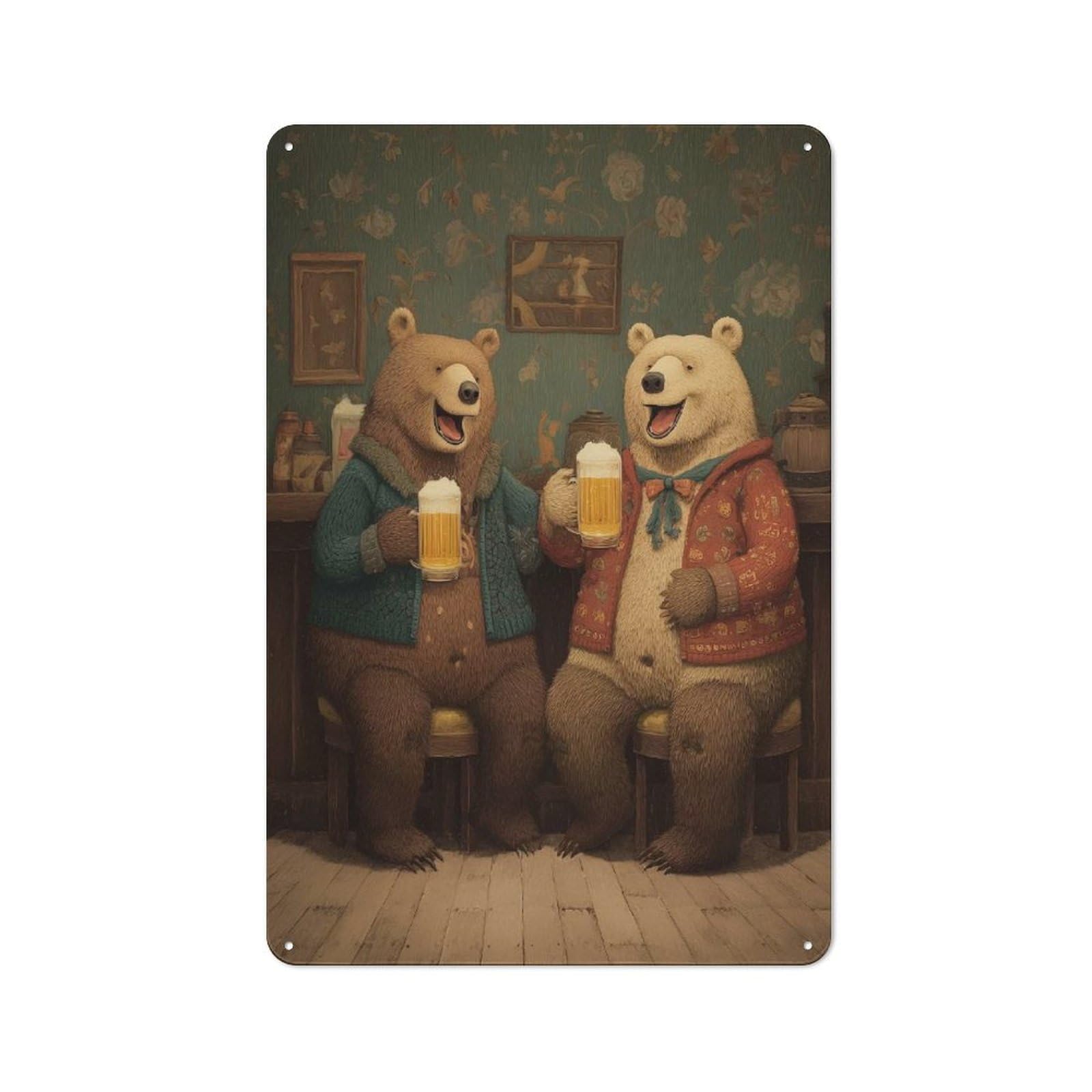 Junmoney Style-7 Two Bears Drinking Beer At Bar Printed Metal Sign 30X20cm For Lounge Or Reading Corner, A Winter Wall Decor Update For Reading Corner Decorators