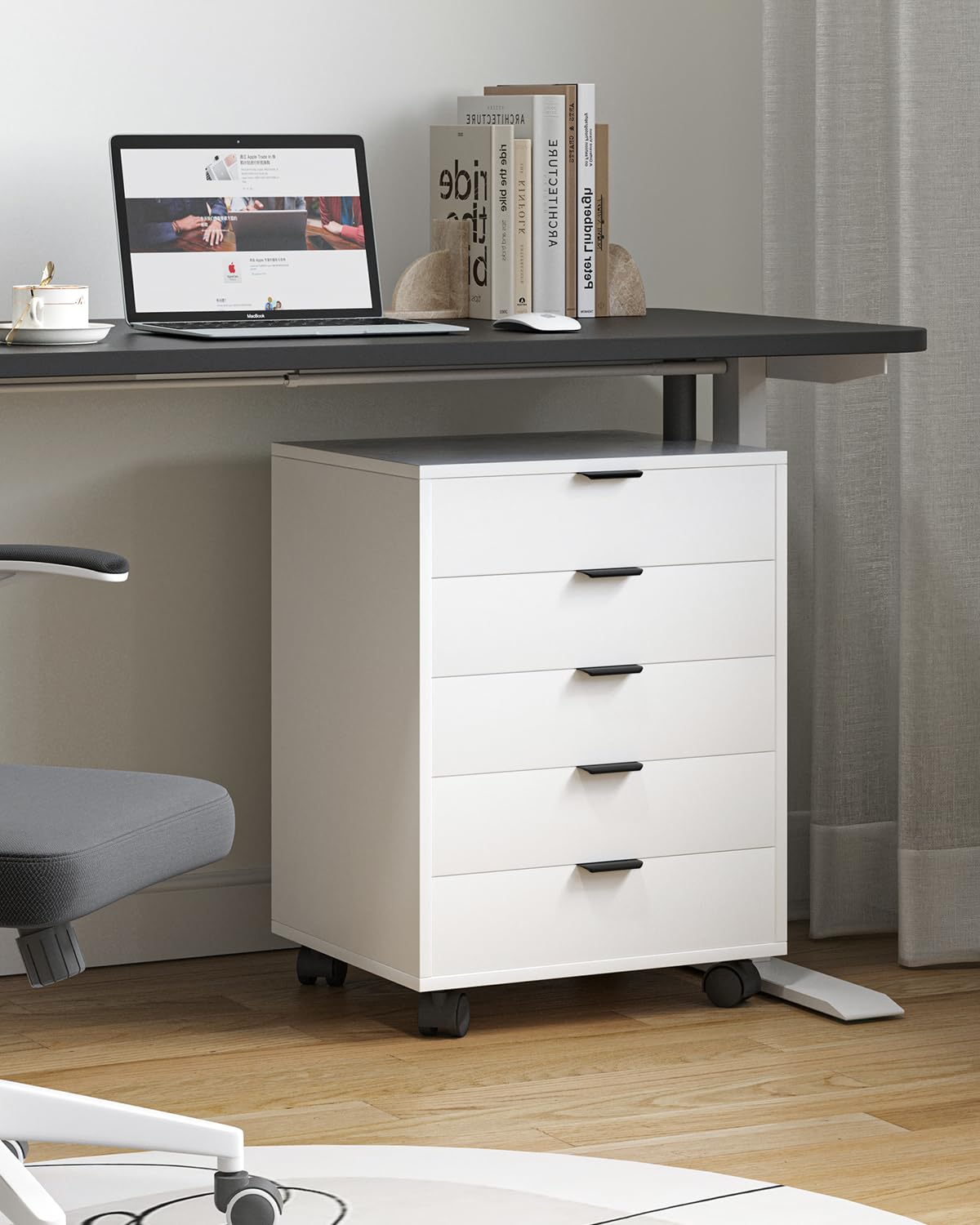 ELUCHANG Schedario da Ufficio con 5 Cassetti e Ruote, Archivio per Documenti A4, Armadio Mobile per Home Office e Studio, Bianco, 40x40x60 cm