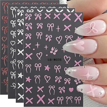 4-Sheet Embossed, Cute Ribbon Bows Nail Art Stickers in Pink, Red & White - French Bowknot & Star Heart Nail Decals - Y2K Butterfly Design for Nail Art Decor