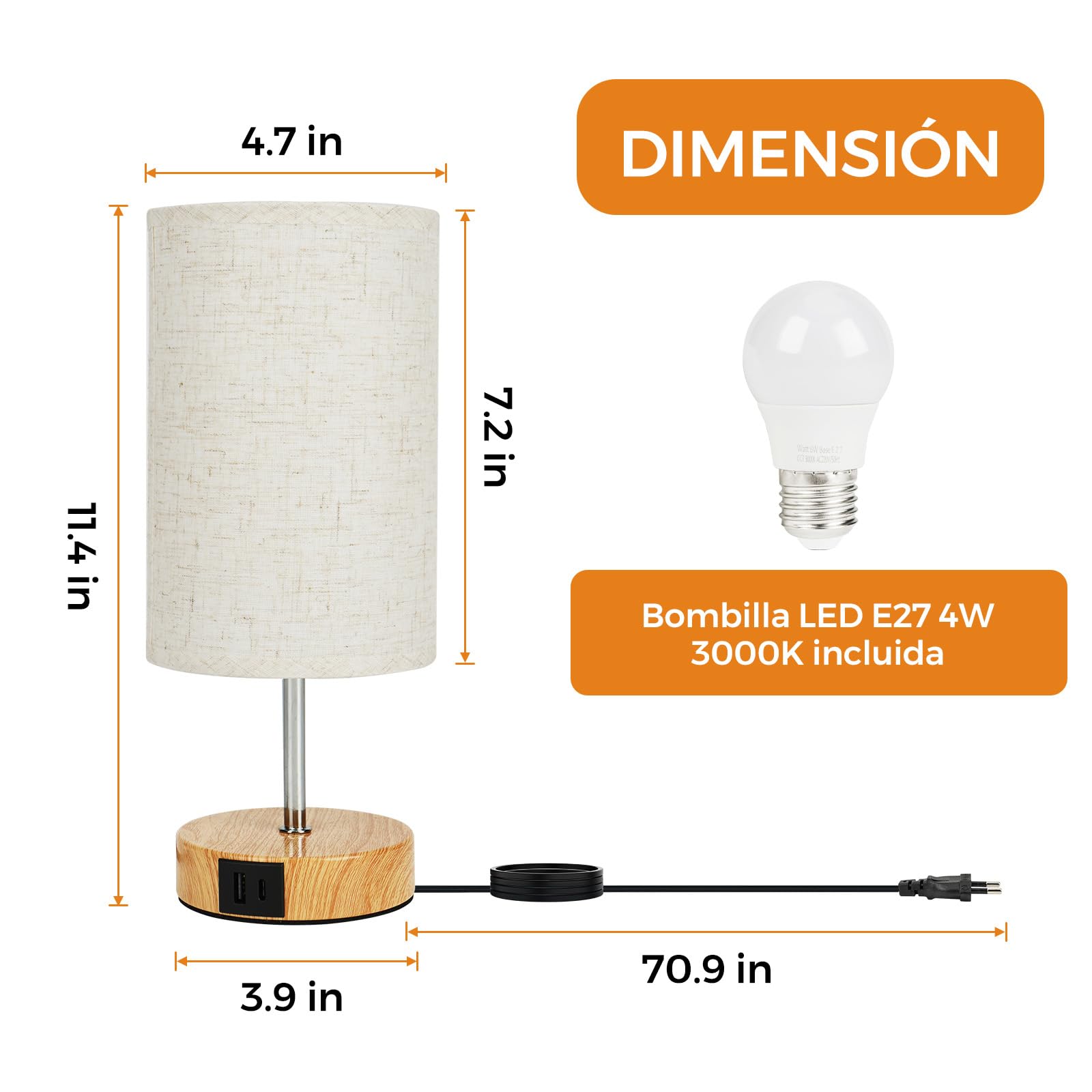 Suright Lámparas de Mesita de Noche Táctil Regulable, Lámpara de Mesa con Puertos de Carga USB A+C, Pantalla de Tela de Lino, Lámpara de Noche Pequeña para Dormitorio Salón (Bombilla Incluida)