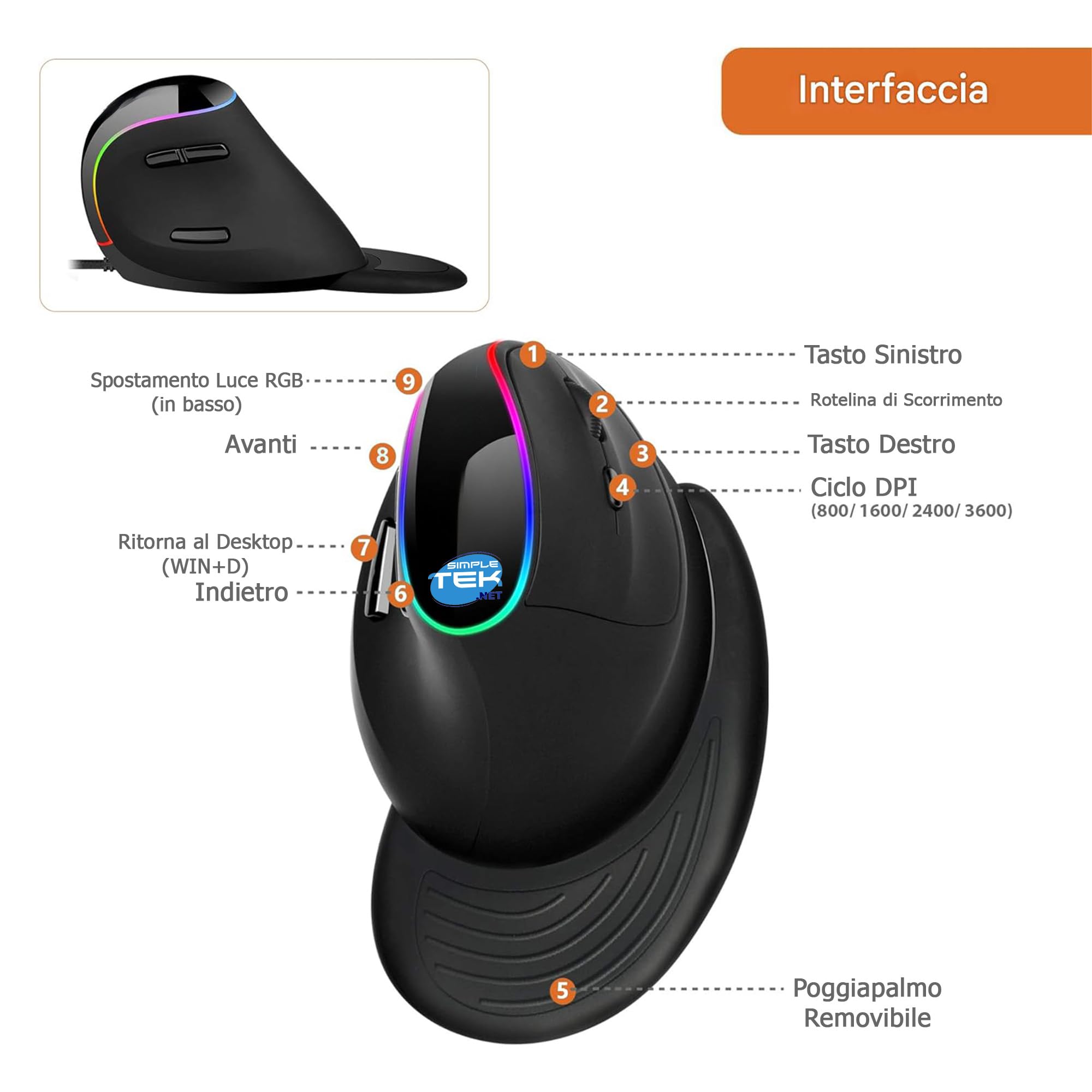 SIMPLETEK - Mouse verticale ergonomico cablato USB con filo, regolazione dpi fino a 3200, illuminazione RGB, colore nero (Ricondizionato)