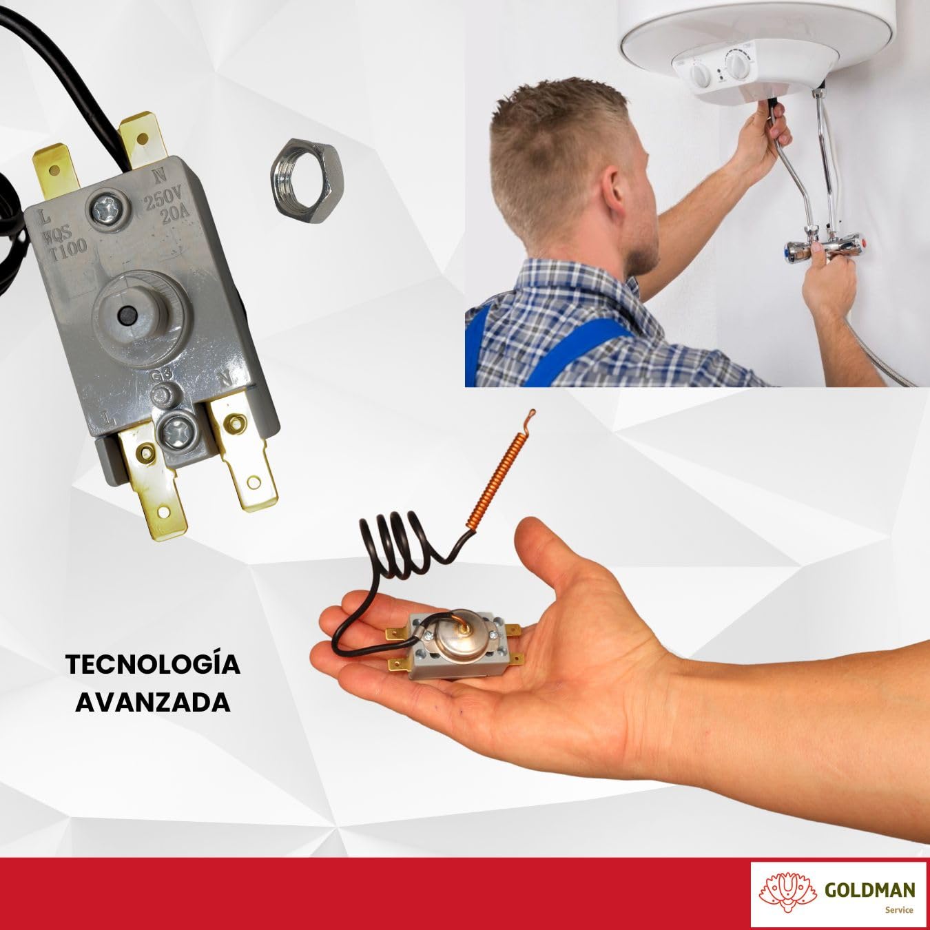GOLDMAN SERVICE | Termostato de Seguridad para Termo Calentador de Agua Eléctrico Activación Automática a 93ºC | Bulbo Sonda 500mm | Fácil Rearme Manual