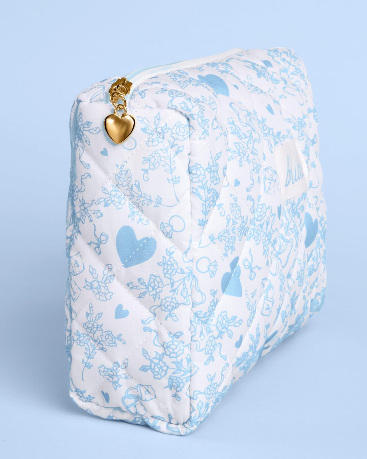 xo, Fetti Bride Cosmetic Bag - Quilted, Something Blue | Bachelorette Gift, Bridal Shower, Toiletry, Travel Makeup Bag